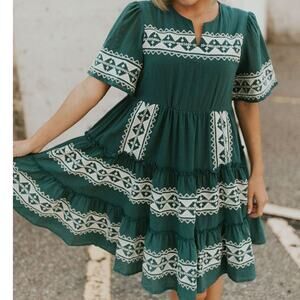 Tea N Rose Cotton Earthy Green Embroidery Cottage dress size S